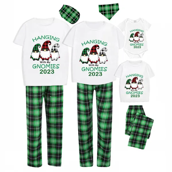 2023 Christmas Matching Family Pajamas Hanging With My Gnomies Short Green Plaids Pajamas Set
