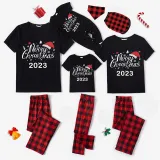 2023 Christmas Matching Family Pajamas Christmas Hat Black Pajamas Set