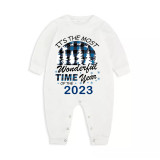 2023 Christmas Matching Family Pajamas Exclusive Design Wonderful Time Blue Plaids Pajamas Set