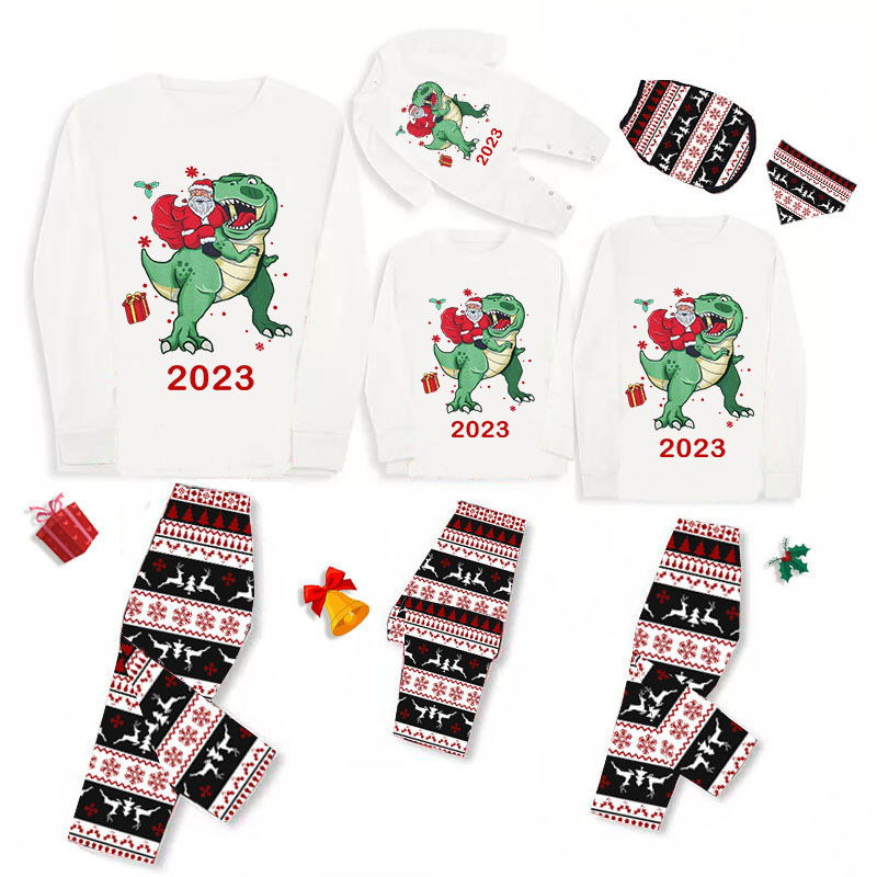 2023 KidsHoo Exclusive Design Christmas Matching Family Pajamas Santa Jurassic Dinosaur Gray Top Reindeer Pants Pajamas Set