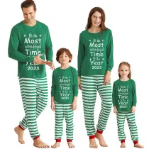 2023 Christmas Matching Family Pajamas Exclusive Design It Is Most Wonderful Time Green Stripes Pajamas Set