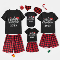 2023 Christmas Matching Family Pajamas Christmas Hat Black Pajamas Set