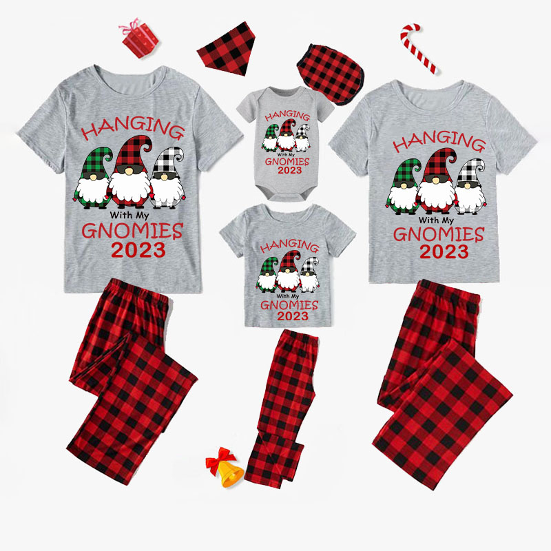 2023 Christmas Matching Family Pajamas Hanging With My Gnomies Short Gray Pajamas Set