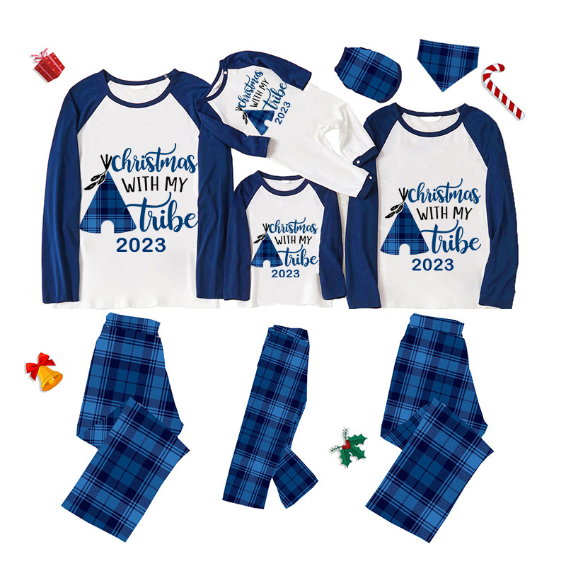 2023 Christmas Matching Family Pajamas Christmas With My Tribe Blue Pajamas Set