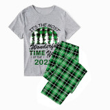 2023 Christmas Matching Family Pajamas Exclusive Design Wonderful Time Short Green Plaids Pajamas Set