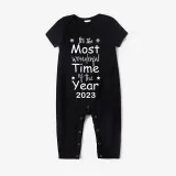 2023 Christmas Matching Family Pajamas Exclusive Design It Is Wonderful Time Short Black Pajamas Set