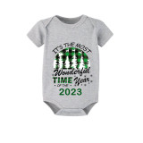 2023 Christmas Matching Family Pajamas Exclusive Design Wonderful Time Short Green Plaids Pajamas Set