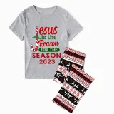 2023 Christmas Matching Family Pajamas Jesus Is The Reason For The Season Gray Short Plaids Pajamas Set