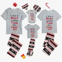 2023 Christmas Matching Family Pajamas Exclusive Design It Is Wonderful Time Short Gray Plaids Pajamas Set