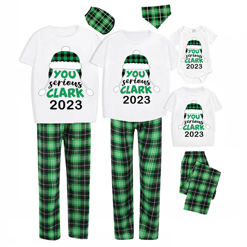 2023 Christmas Matching Family Pajamas Green Plaid Xmas Hat You Serious Clark Letters Short Green Plaid Pajamas Set With Baby Pajamas