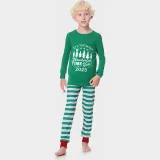 2023 Christmas Matching Family Pajamas Exclusive Design Wonderful Time Green Stripes Pajamas Set