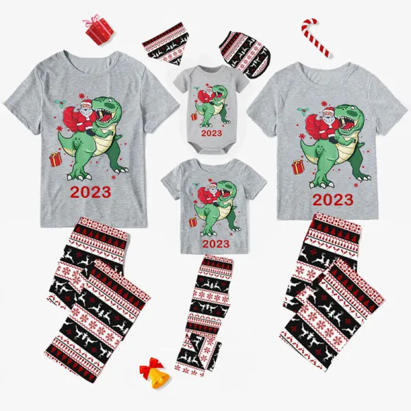 2023 KidsHoo Exclusive Design Christmas Matching Family Pajamas Santa Jurassic Dinosaur Gray Short Pajamas Set