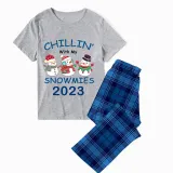 2023 Christmas Matching Family Pajamas Exclusive Design Chillin With My 3 Snowmies Short Blue Plaids Pajamas Set