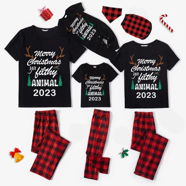 2023 Christmas Matching Family Pajamas Exclusive Design Antler Merry Christmas Black Pajamas Set