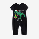 2023 Christmas Matching Family Pajamas Exclusive Design Dinosaur Christmas Tree Black Short Pajamas Set
