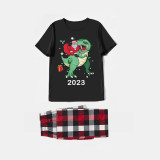 2023 KidsHoo Exclusive Design Christmas Matching Family Pajamas Santa Jurassic Dinosaur Black Short Pajamas Set