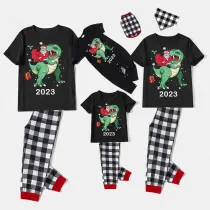 2023 KidsHoo Exclusive Design Christmas Matching Family Pajamas Santa Jurassic Dinosaur Black Short Pajamas Set