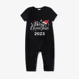 2023 Christmas Matching Family Pajamas Christmas Hat Black Short Pajamas Set