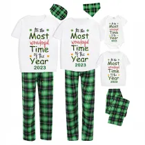 2023 Christmas Matching Family Pajamas Exclusive Design It Is Wonderful Time Short Green Plaids Pajamas Set