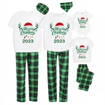 2023 Christmas Matching Family Pajamas Exclusive Design Merry Christmas Hat and Pendant Short Green Plaids Pajamas Set