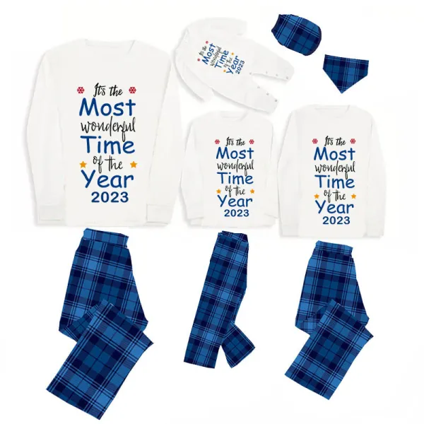 2023 Christmas Matching Family Pajamas Exclusive Design It Is Most Wonderful Time Blue Plaids Pajamas Set