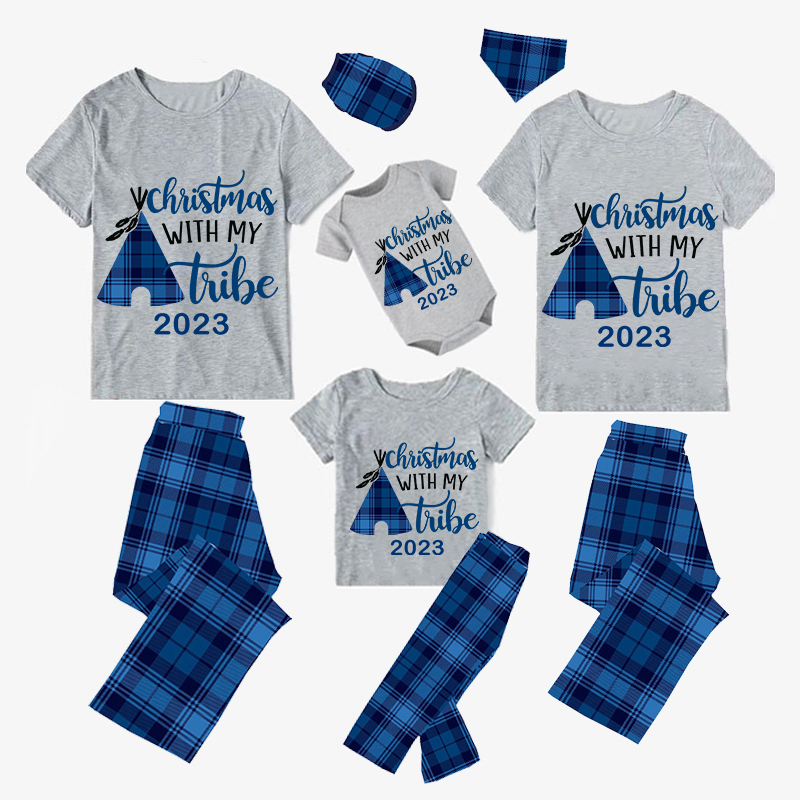 2023 Christmas Matching Family Pajamas Christmas With My Tribe Short Blue Pajamas Set