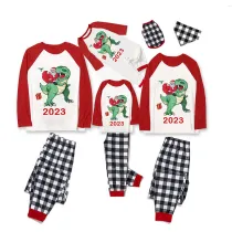 2023 Christmas Matching Family Pajamas Dinosaurs Snowflake Black White Plaids Pajamas Set
