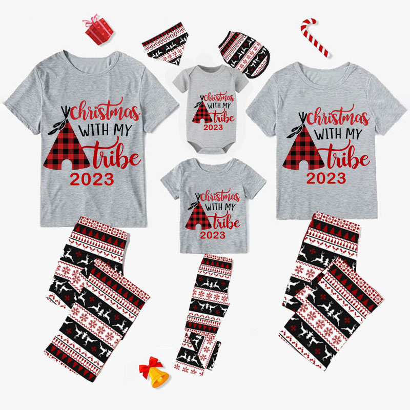 2023 Christmas Matching Family Pajamas Christmas With My Tribe Gray Short Plaids Pajamas Set