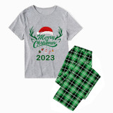 2023 Christmas Matching Family Pajamas Exclusive Design Merry Christmas Hat and Pendant Short Green Plaids Pajamas Set