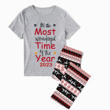 2023 Christmas Matching Family Pajamas Exclusive Design It Is Wonderful Time Short Gray Plaids Pajamas Set