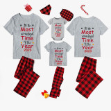 2023 Christmas Matching Family Pajamas Exclusive Design It Is Wonderful Time Short Gray Plaids Pajamas Set