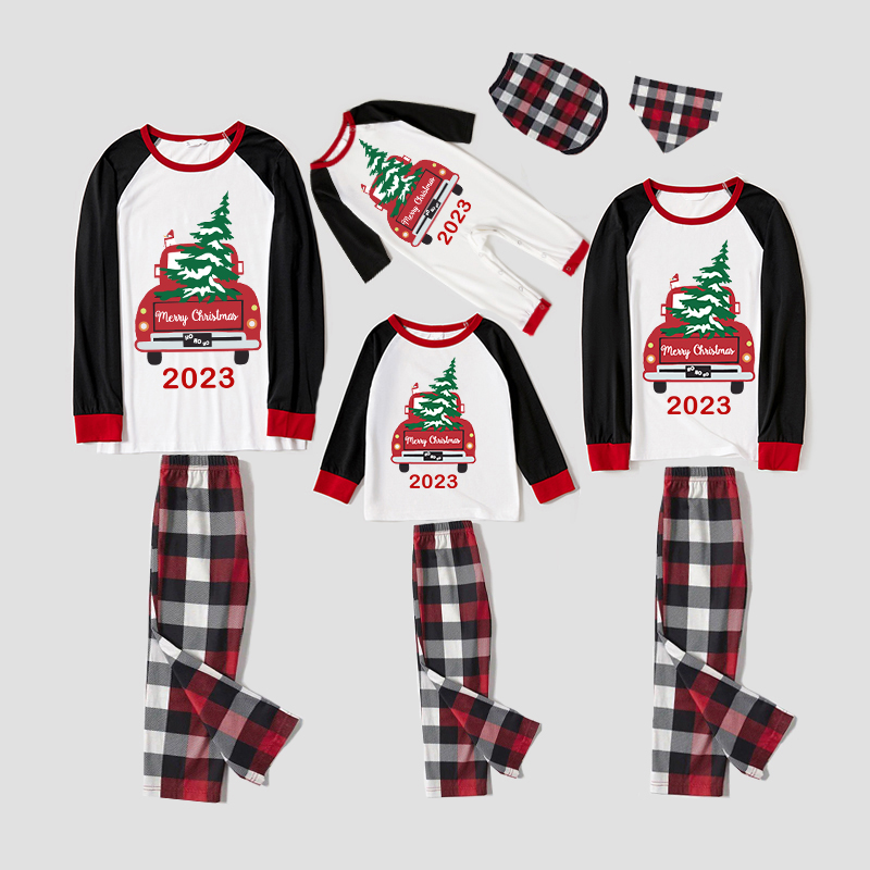 2023 Christmas Matching Family Pajamas Red Plaid Truck with Christmas Tree White Pajamas Set With Baby Pajamas