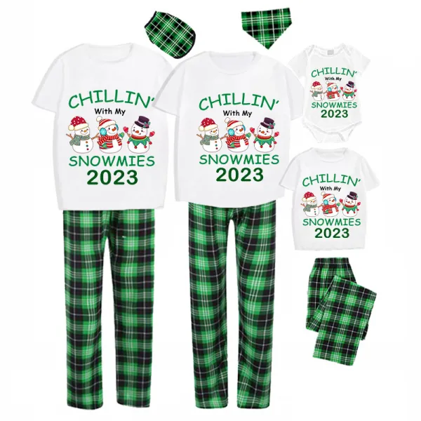 2023 Christmas Matching Family Pajamas Exclusive Design Chillin With My 3 Snowmies Short Green Plaids Pajamas Set