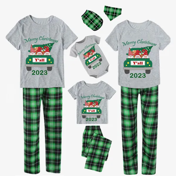 2023 Christmas Matching Family Pajamas Exclusive Design Gnomies Your Are All Merry Christmas Short Green Plaids Pajamas Set
