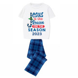 2023 Christmas Matching Family Pajamas Jesus Is The Reason For The Season Short Blue Plaids Pajamas Set