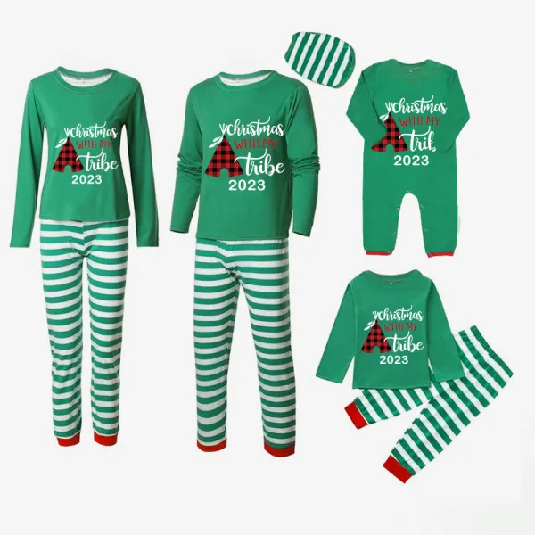 2023 Christmas Matching Family Pajamas Christmas With My Tribe Green Stripes Pajamas Set