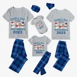 2023 Christmas Matching Family Pajamas Exclusive Design Chillin With My 3 Snowmies Short Blue Plaids Pajamas Set