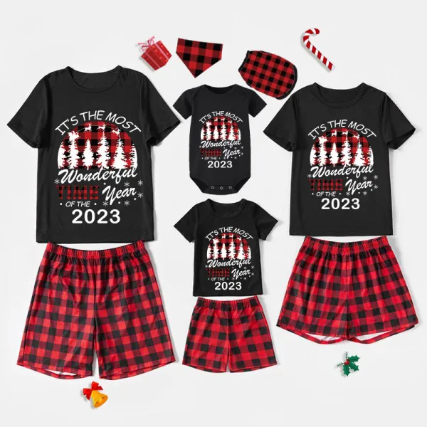 2023 Christmas Matching Family Pajamas Exclusive Design Wonderful Time Black Pajamas Set