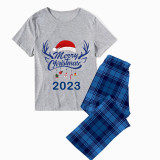 2023 Christmas Matching Family Pajamas Exclusive Design Merry Christmas Hat and Pendant Short Blue Plaids Pajamas Set
