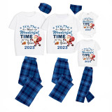 2023 Christmas Matching Family Pajamas Exclusive Design It is The Wonderful Time Short Blue Plaids Pajamas Set