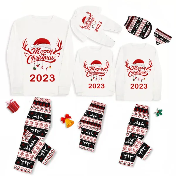 2023 Christmas Matching Family Pajamas Exclusive Design Merry Christmas Hat and Pendant Reindeer Pajamas Set