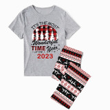 2023 Christmas Matching Family Pajamas Exclusive Design Wonderful Time Gray Short Pajamas Set