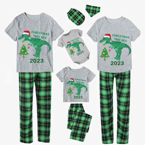2023 Christmas Matching Family Pajamas Exclusive Design Dinosaur Christmas Tree Short Green Plaids Pajamas Set