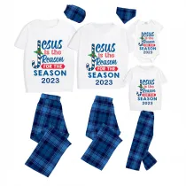 2023 Christmas Matching Family Pajamas Jesus Is The Reason For The Season Short Blue Plaids Pajamas Set