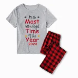 2023 Christmas Matching Family Pajamas Exclusive Design It Is Wonderful Time Short Gray Plaids Pajamas Set