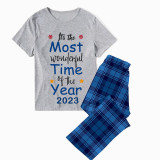 2023 Christmas Matching Family Pajamas Exclusive Design It Is Wonderful Time Short Blue Plaids Pajamas Set