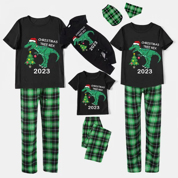 2023 Christmas Matching Family Pajamas Exclusive Design Dinosaur Christmas Tree Black Short Pajamas Set