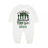 2023 Christmas Matching Family Pajamas Exclusive Design Wonderful Time Green Plaids Pajamas Set