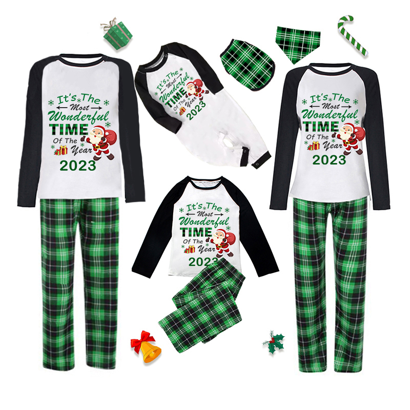 2023 Christmas Matching Family Pajamas Exclusive Design It is The Wonderful Time Green Plaids Pajamas Set