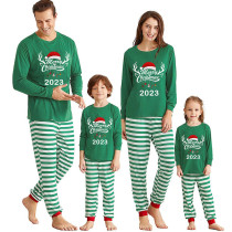 2023 Christmas Matching Family Pajamas Exclusive Design Merry Christmas Hat and Pendant Green Stripes Pajamas Set